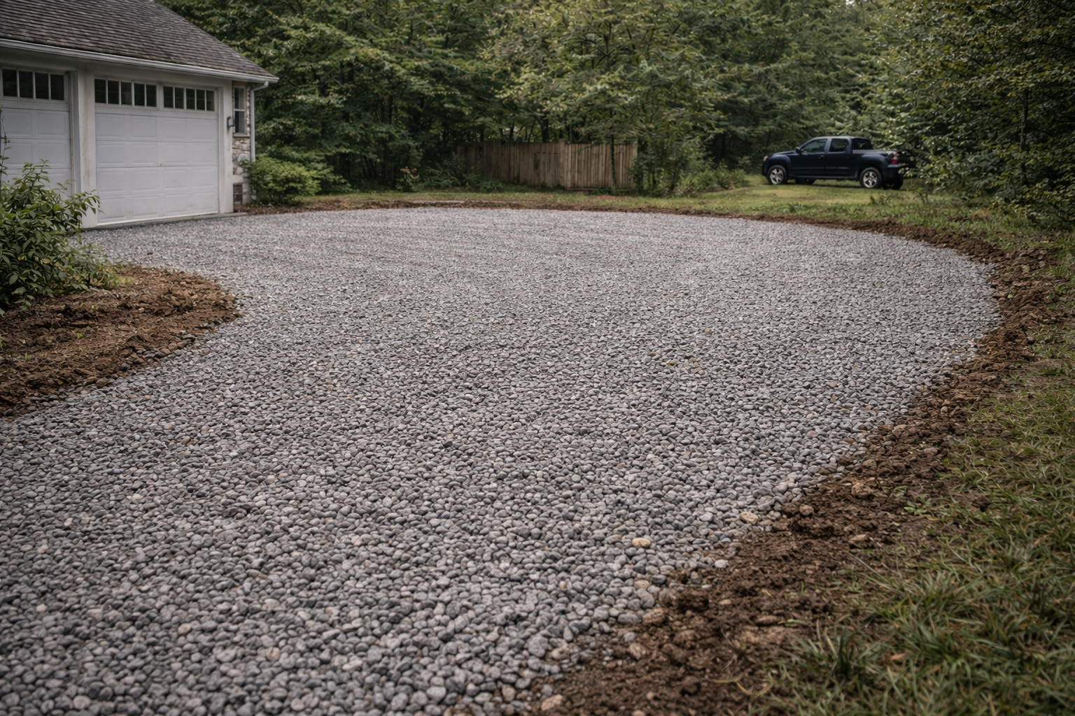 Gravel driveway curves toward a white garage. A black car is parked further back.