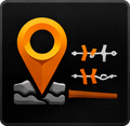 Orange location marker with barbed wire icons, on a black background.