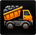 Orange dump truck tilted, dumping rocks, on black background.