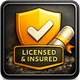 Gold shield with a checkmark, rolled paper with a ribbon, and 