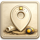 GPS location icon with a scroll, measuring tool, and golden accents.
