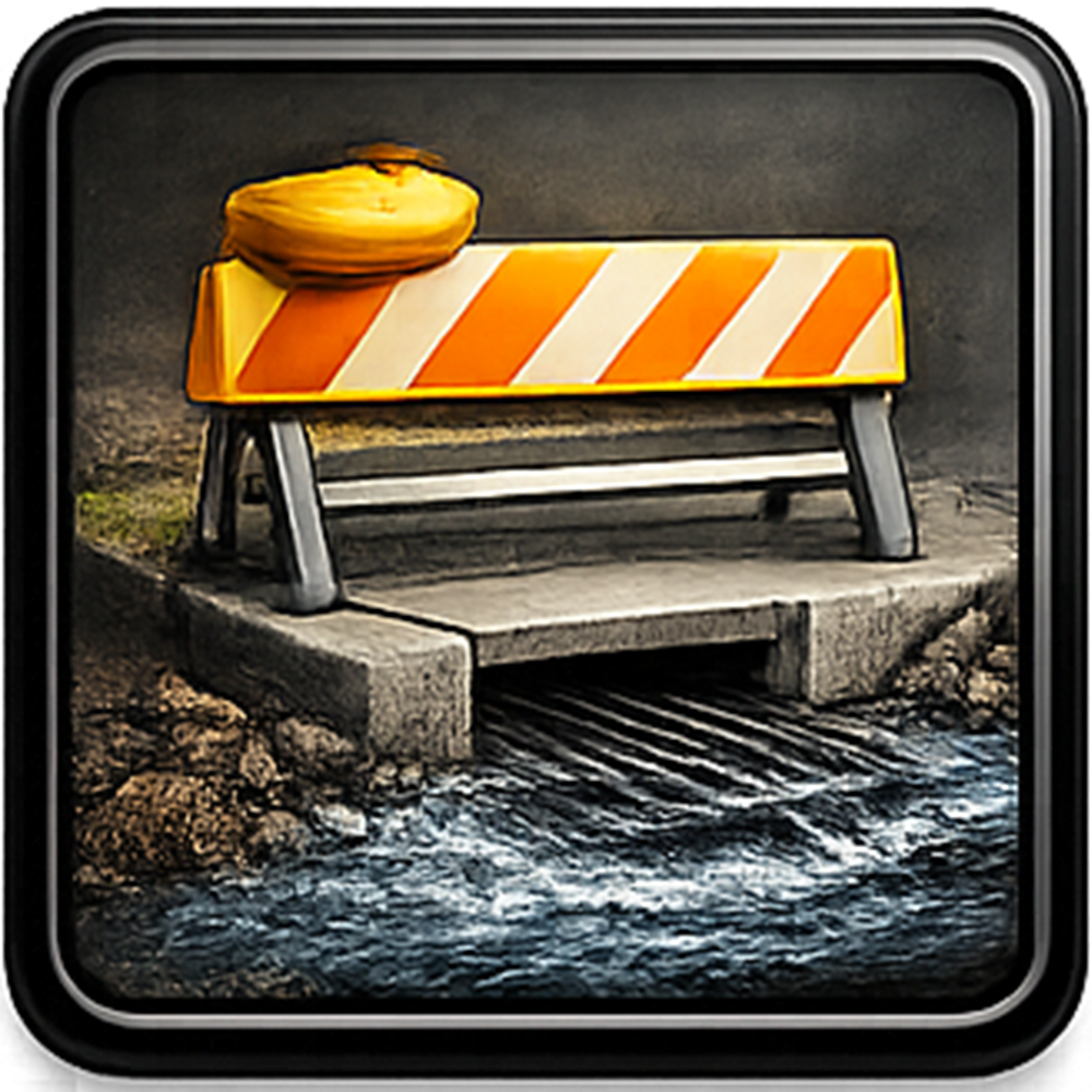 Yellow and orange striped road barrier blocks a flooded culvert.