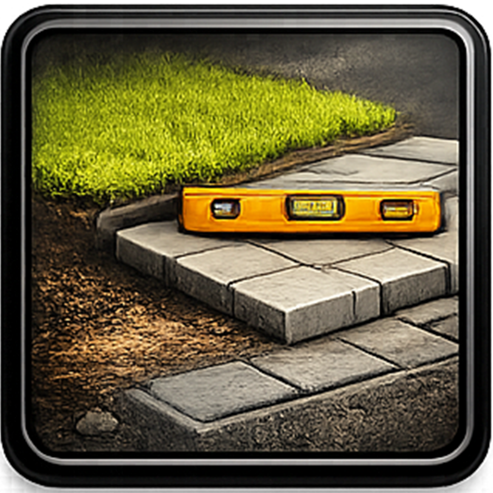 Level resting on paving stones; grass and soil in background.