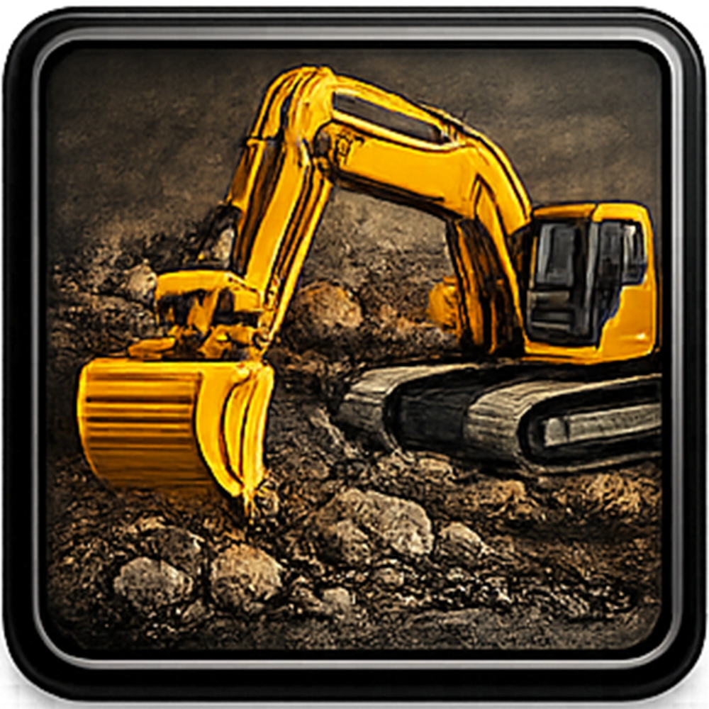 Yellow excavator digging in dirt and rocks; framed in a black square.