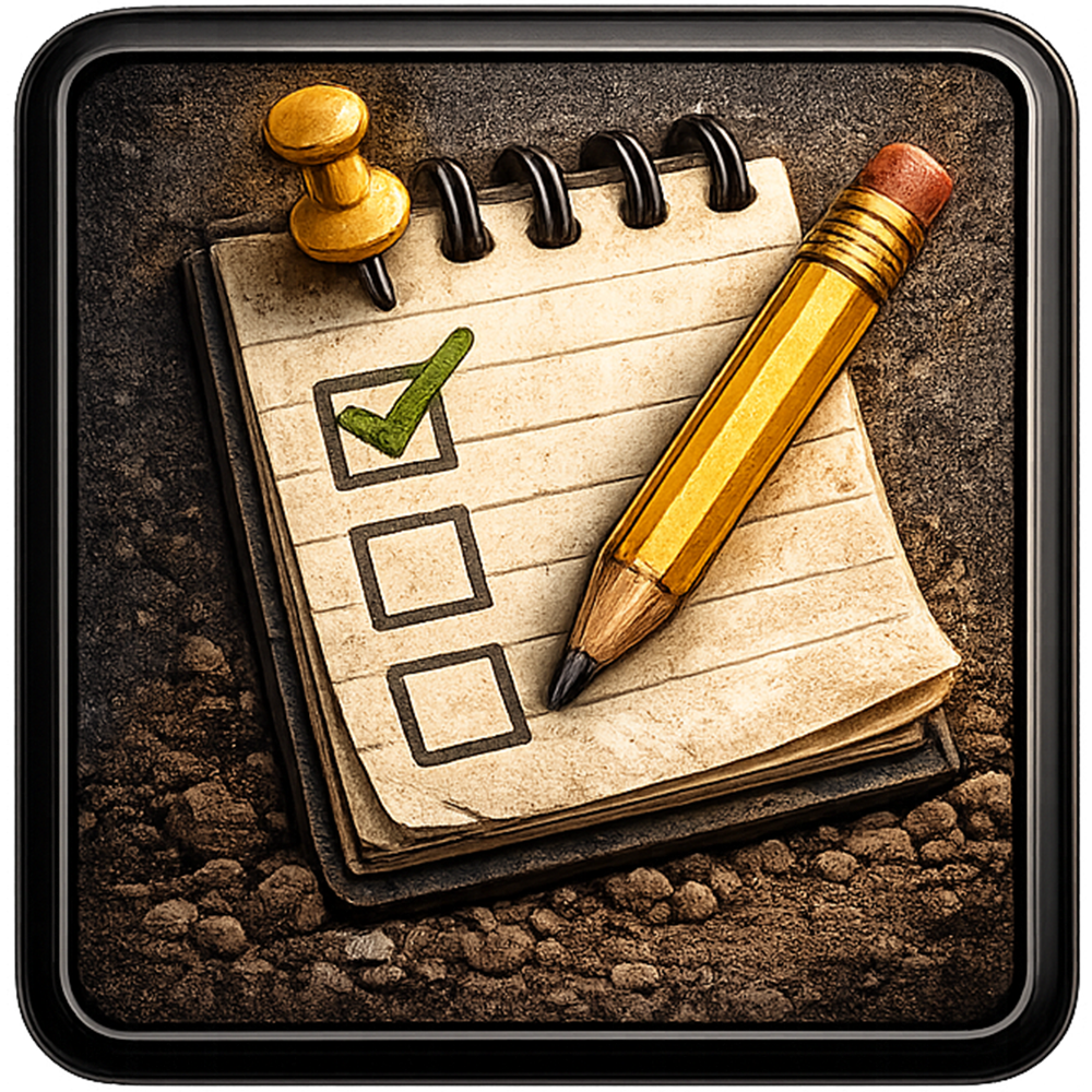 Checklist notepad with pencil and pushpin. One item is checked.