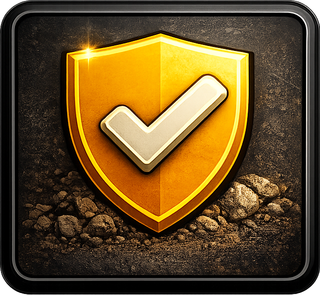 Gold shield with white checkmark, set against a textured brown background.