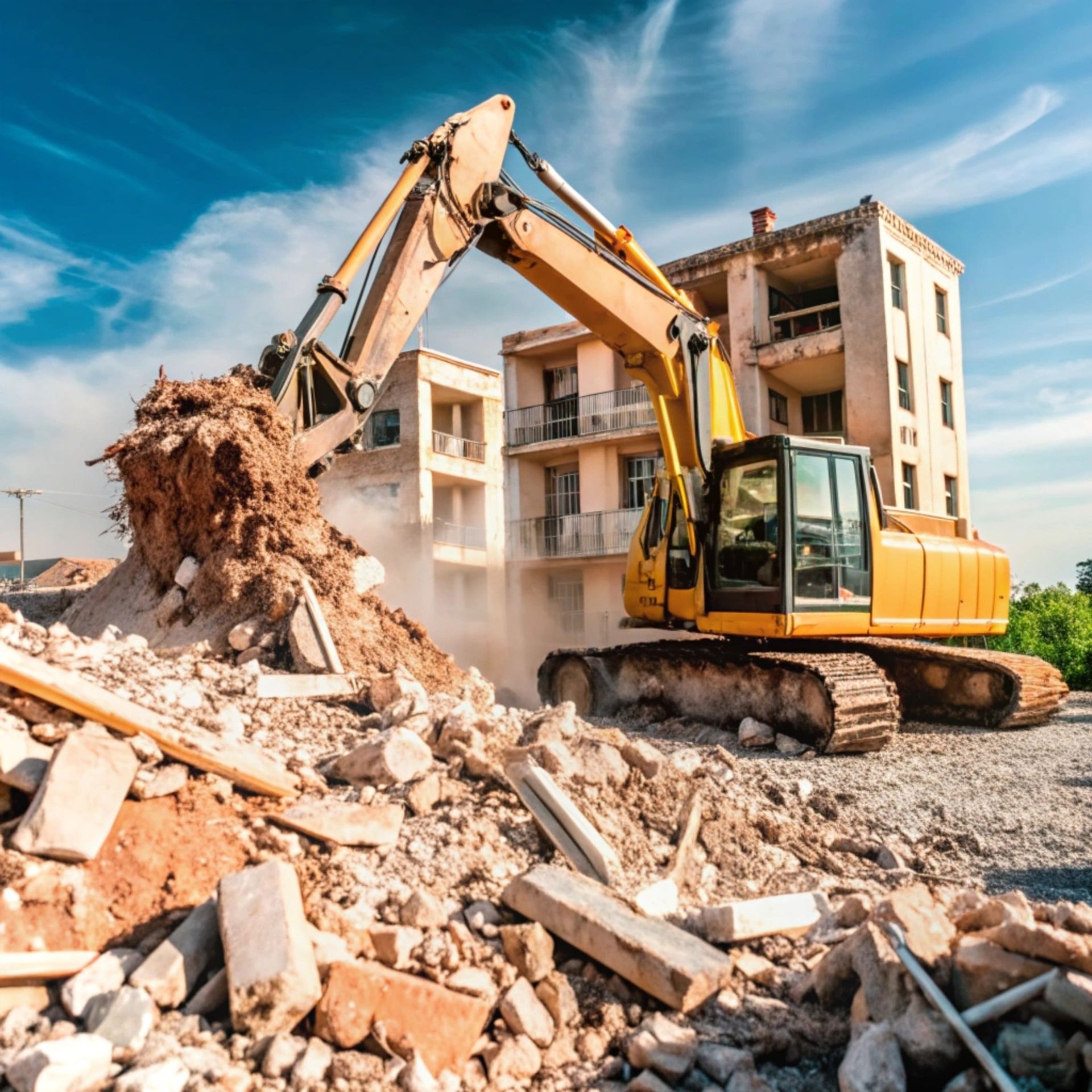 Yellow excavator demolishing a multi-story building under a blue sky. Debris surrounds the site.