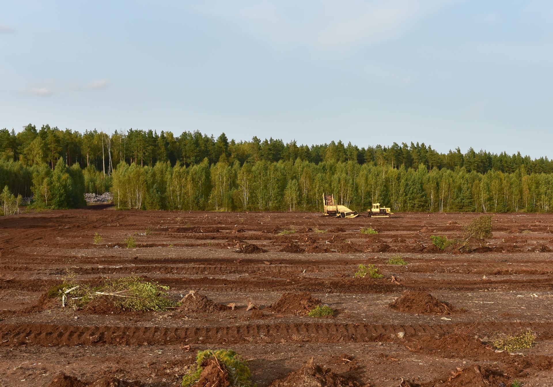 Tractors working in a field with dark soil, trees in the background, blue sky.
