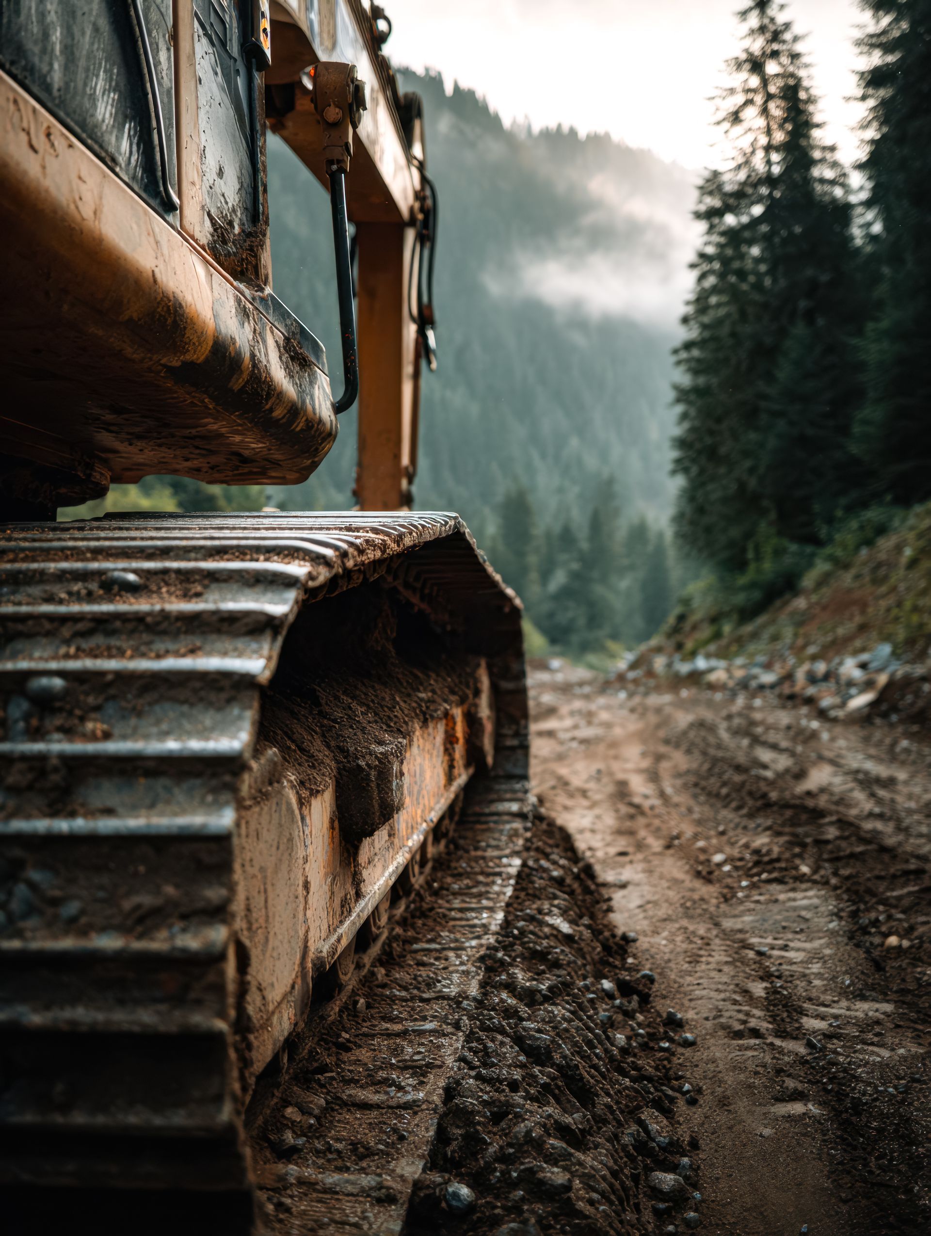 Yellow excavator on a muddy road in a forest, mountains in the background.
