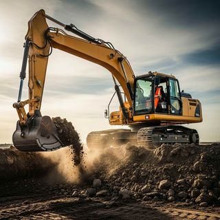 Yellow excavator digging earth on a construction site.