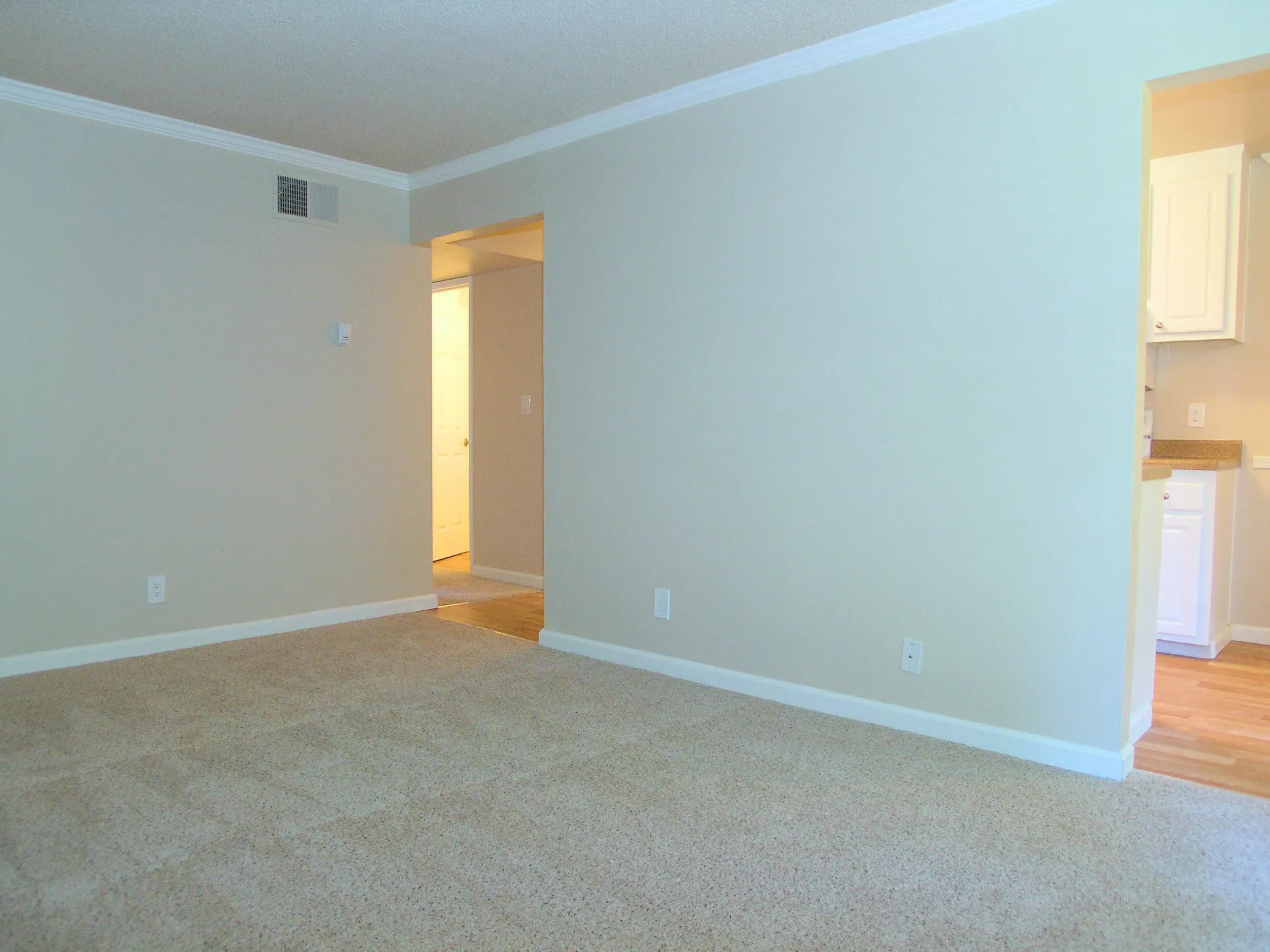 Empty living room with beige walls, white baseboards, carpet, and a doorway to the kitchen.