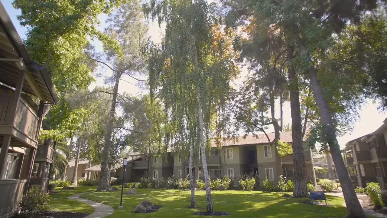 Courtyard of an apartment community with trees, lawn, and a pedestrian path between buildings.