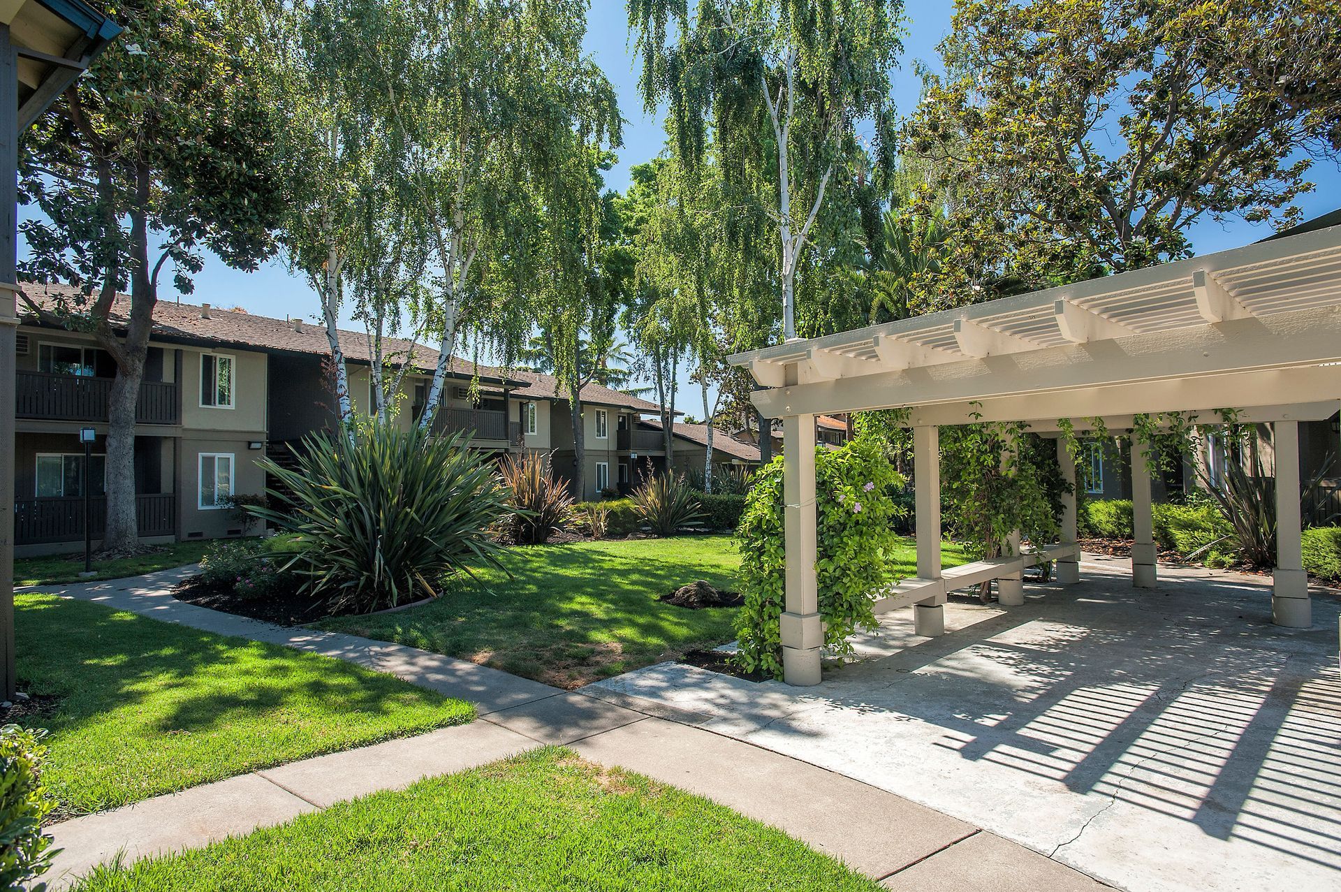 Apartment community courtyard with trees, lawn, and a white pergola.