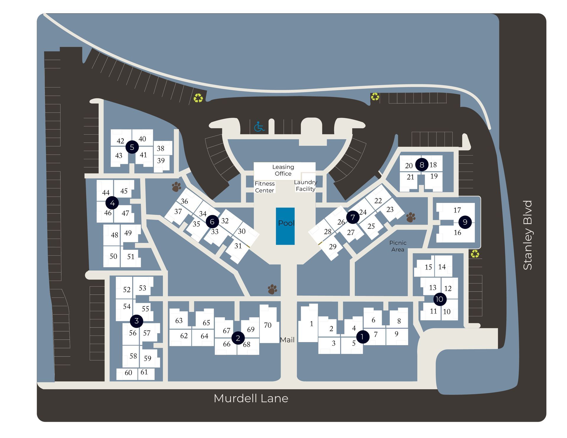 Map of a multi-building complex with parking, roads, and a central courtyard. Buildings are labeled with numbers.