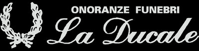 Logo nero dell'agenzia funebre con corona d'alloro bianca e testo