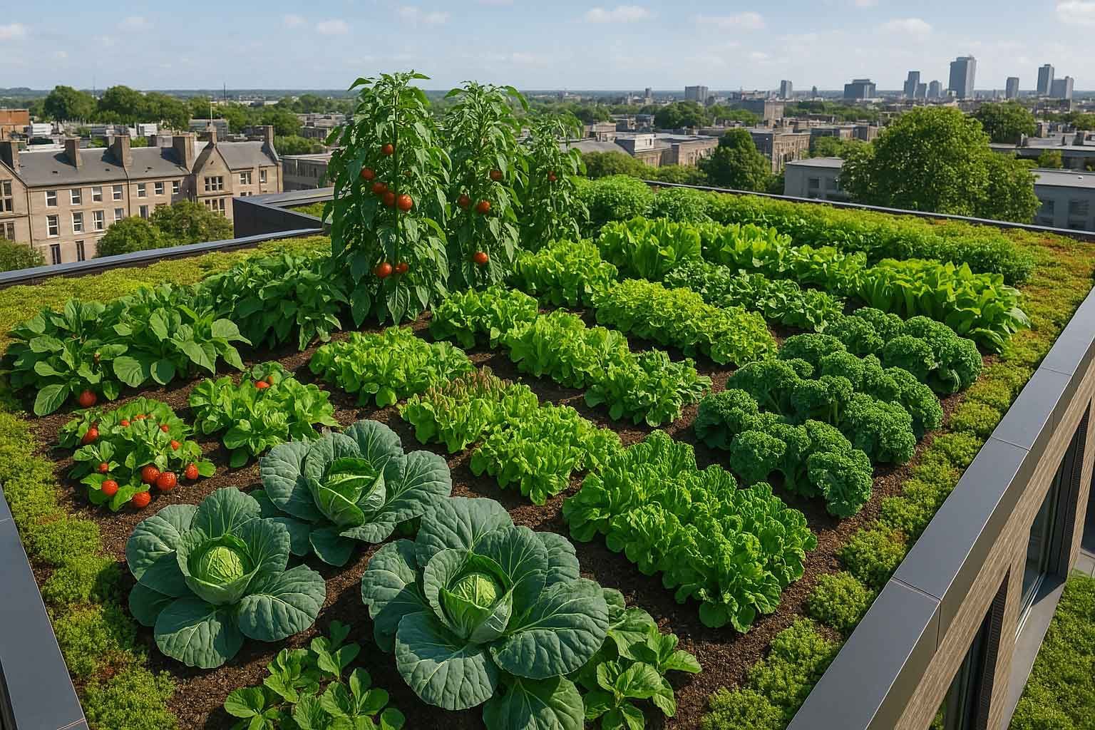 An artist 's impression of a rooftop garden with vegetables growing on it.