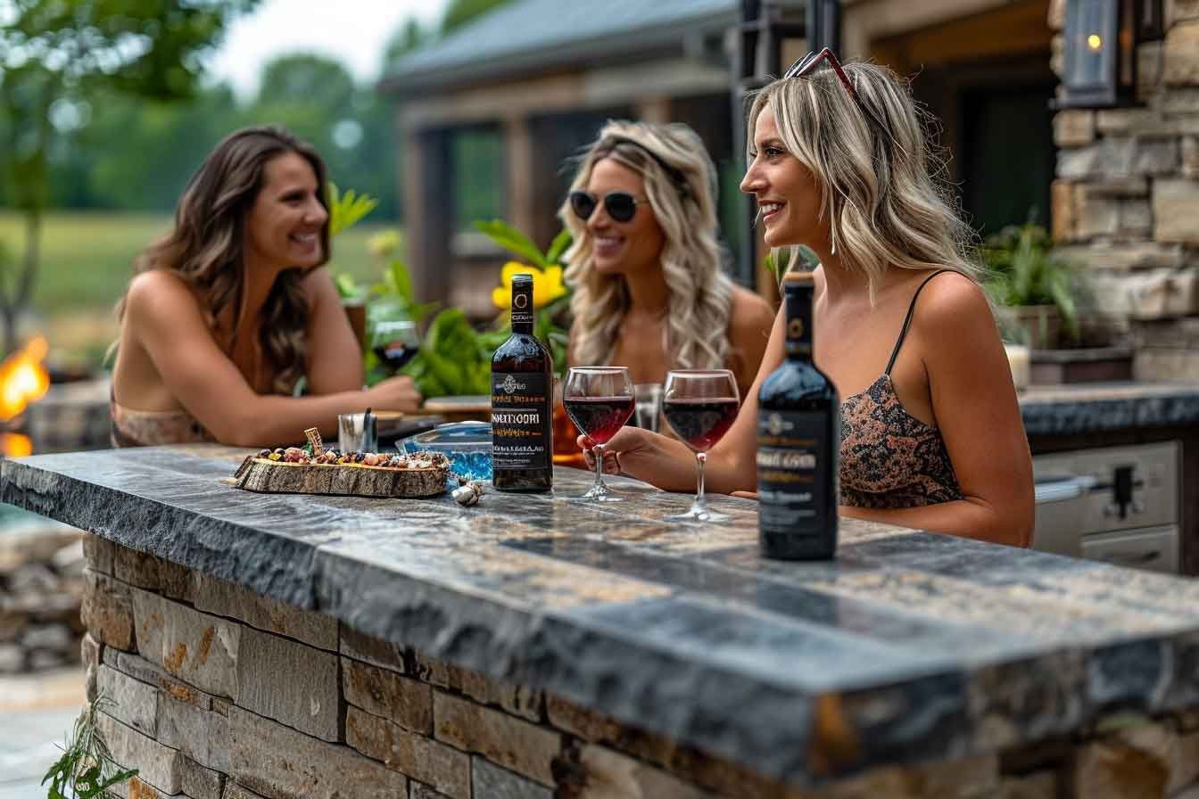 Three women are sitting at a bar drinking wine.