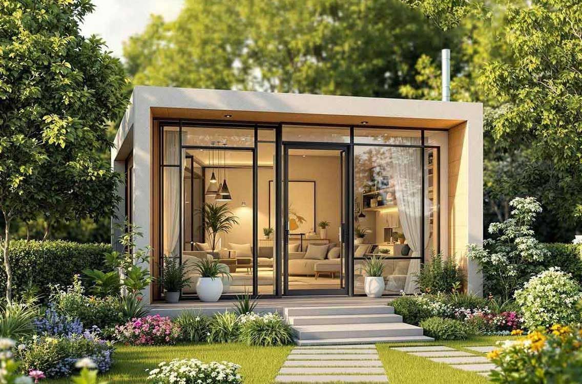 A small house with a lot of windows is surrounded by trees and flowers.