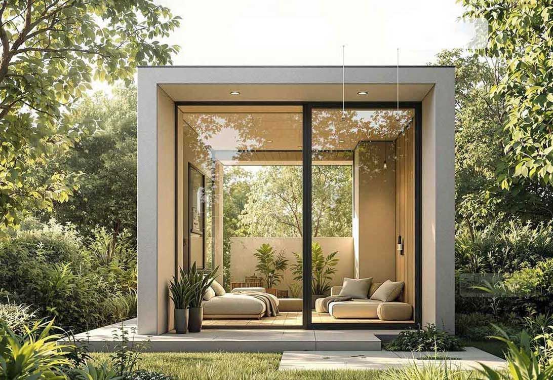 A small house with a lot of windows and a couch in the backyard.