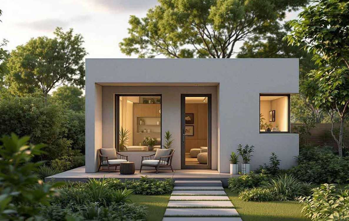 A small white house with a walkway leading to it is surrounded by trees.