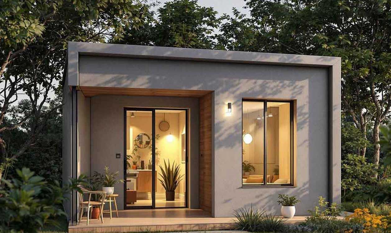 A small house with a sliding glass door is surrounded by trees.