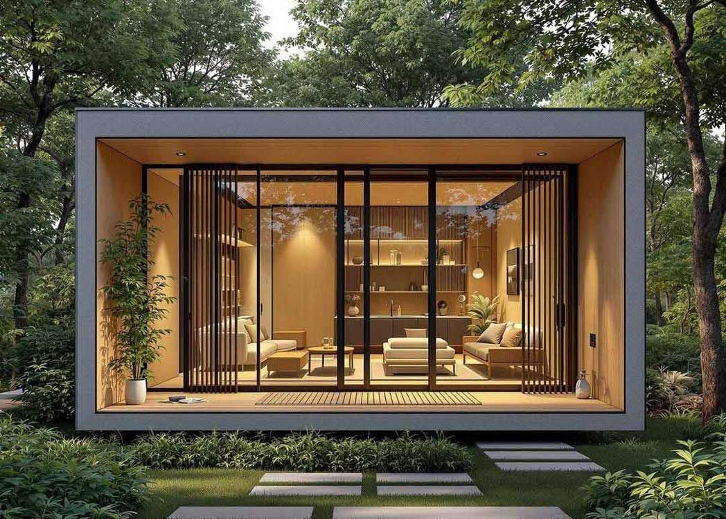 A small house with a lot of windows is surrounded by trees.