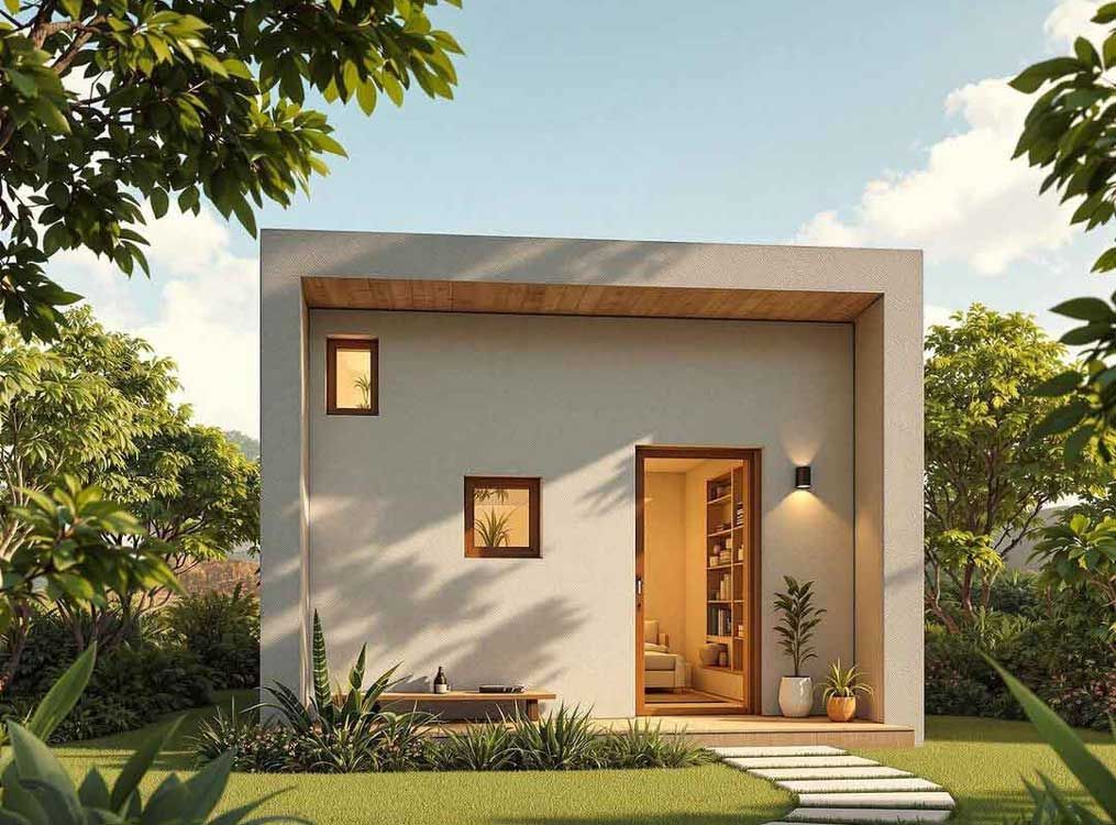 A small white house is surrounded by trees and grass.