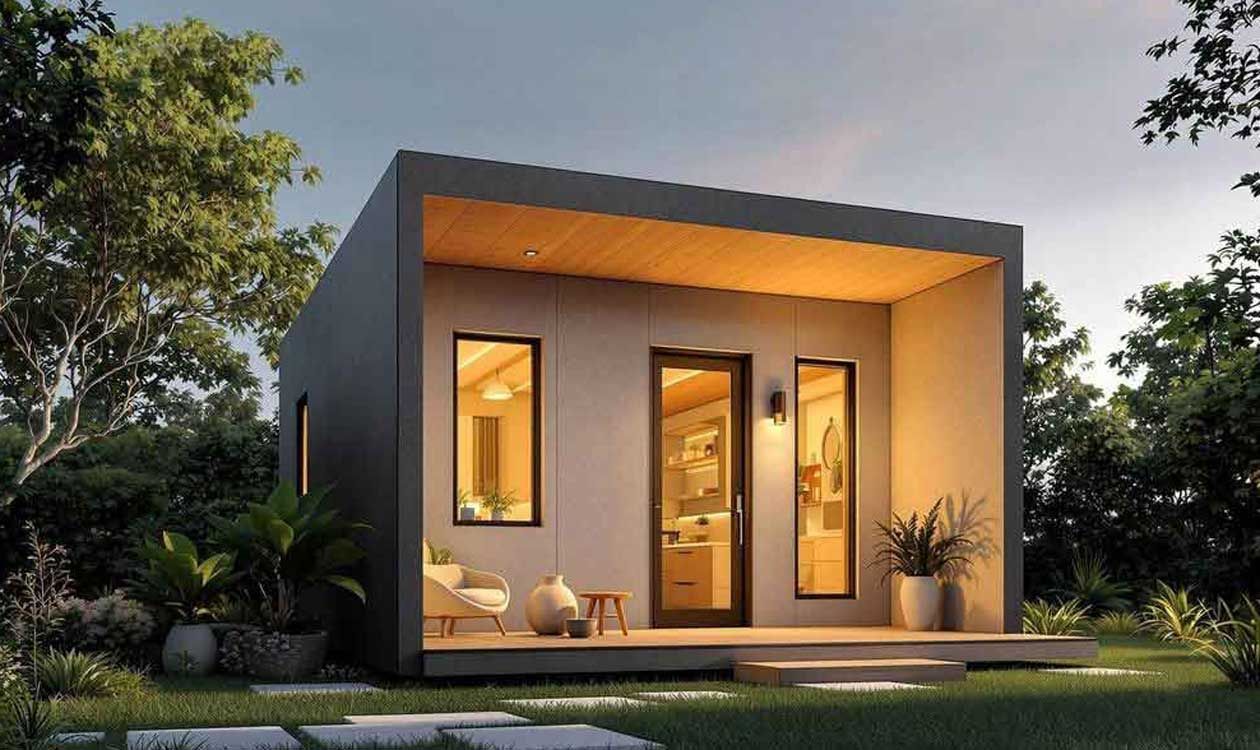 A small house is sitting in the middle of a lush green field.