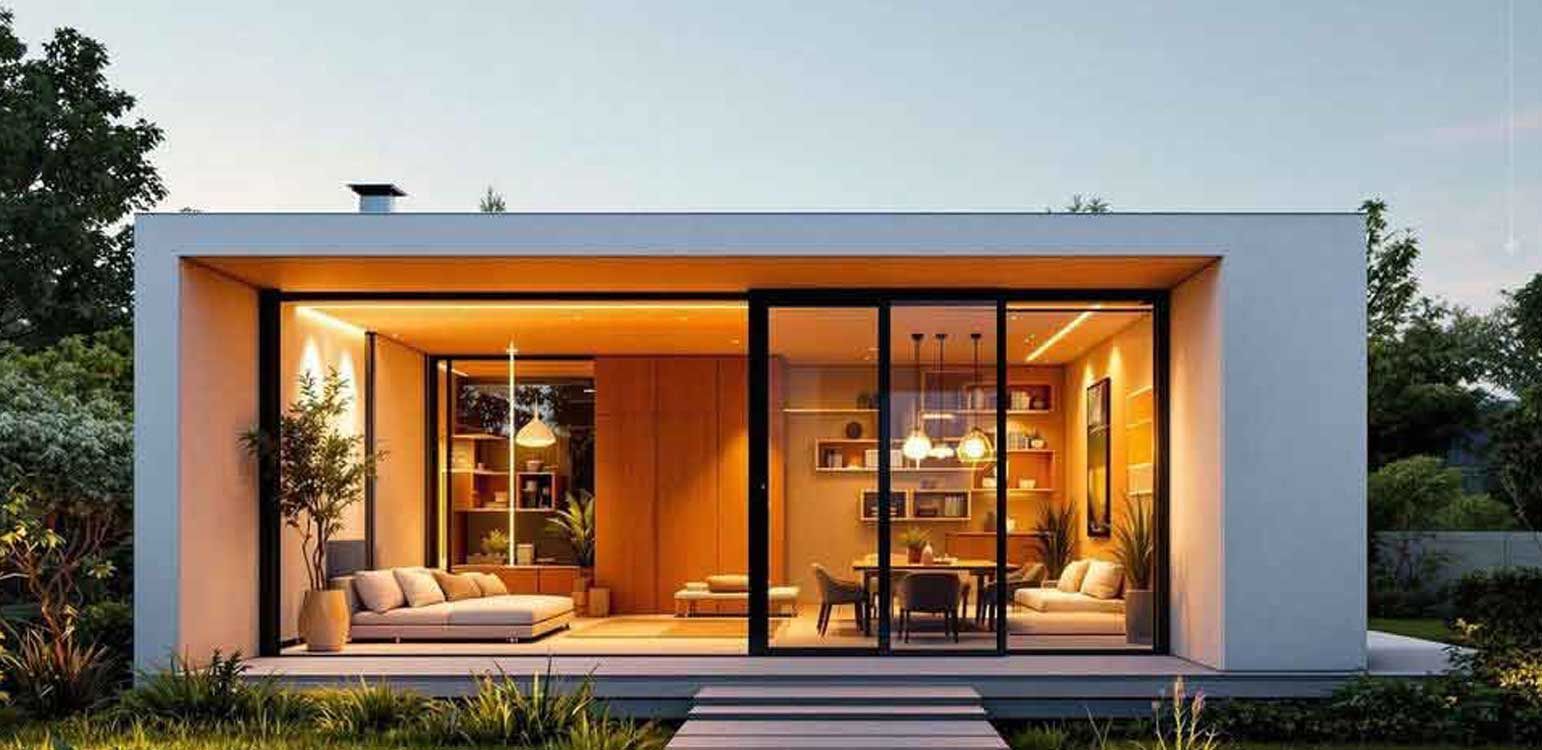 A modern house with a lot of windows and a dining room.