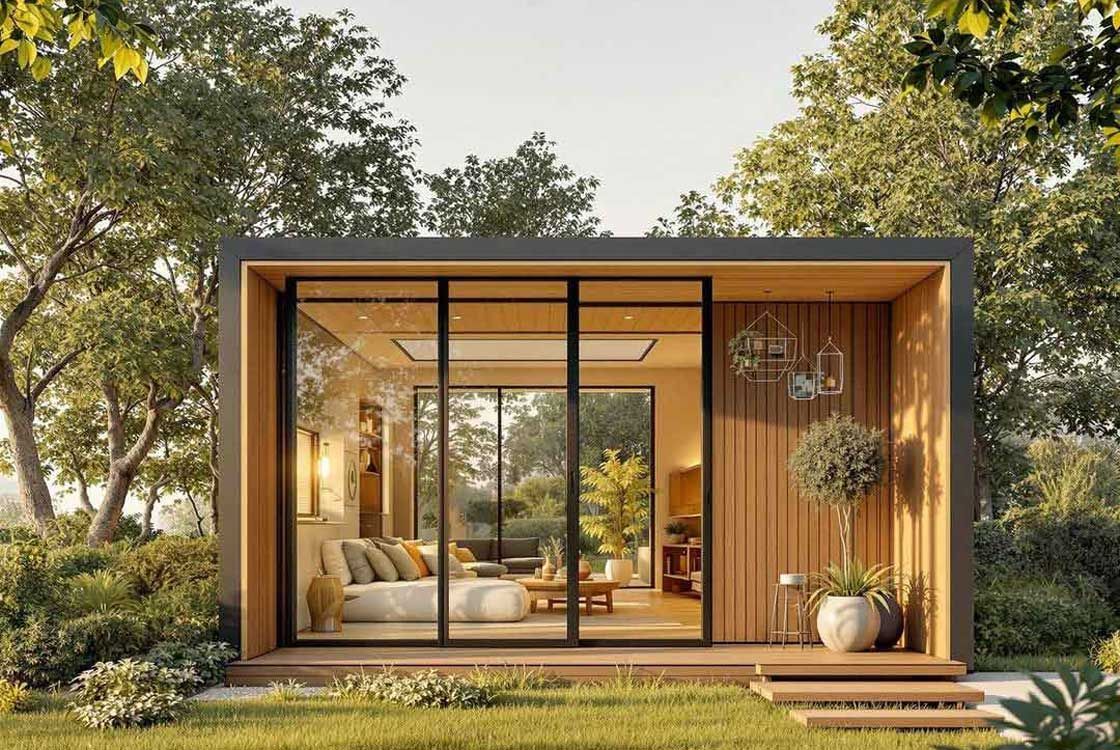 A small house with a lot of windows and trees in the background.