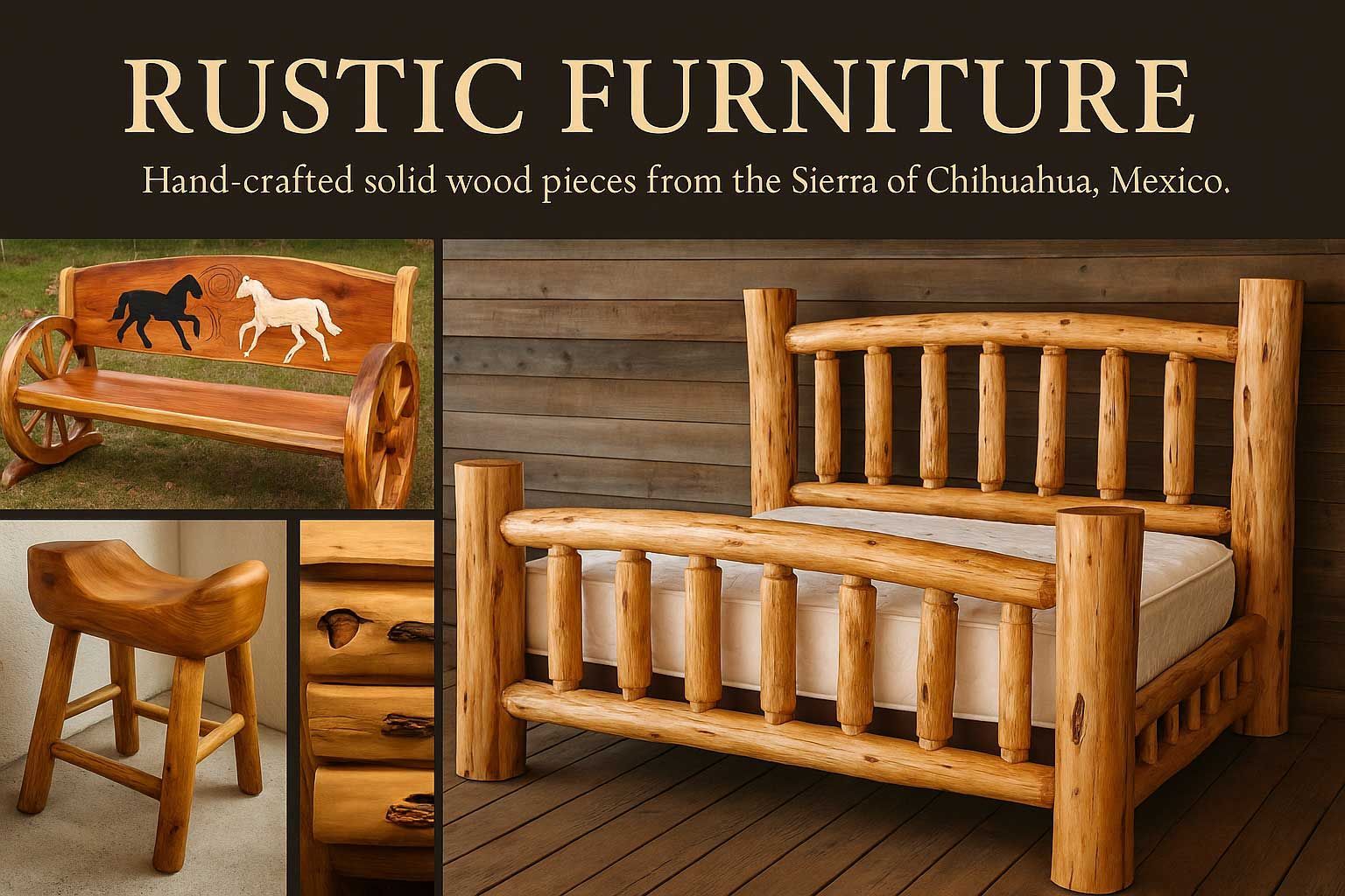 Rustic wood furniture: bed frame, bench, stool. Hand-crafted pieces from Chihuahua, Mexico.
