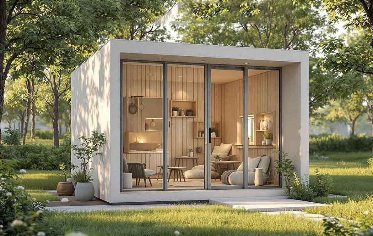 A small house with a lot of windows is sitting in the middle of a field.