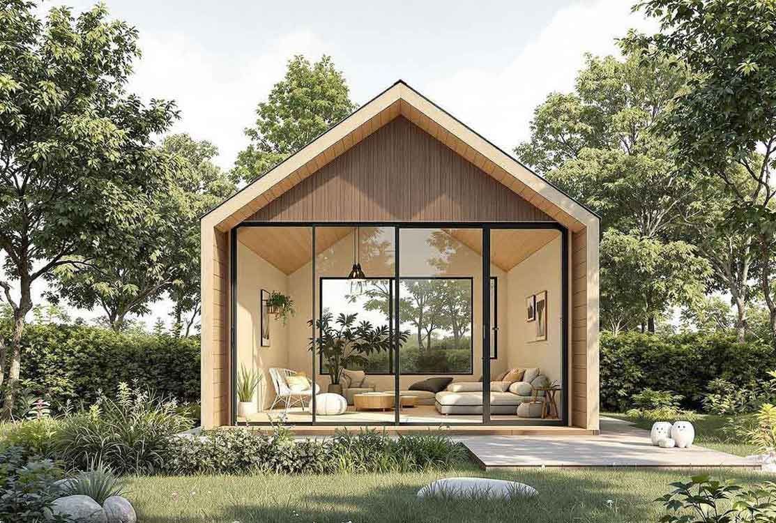 A small house with a lot of windows and trees in the background.