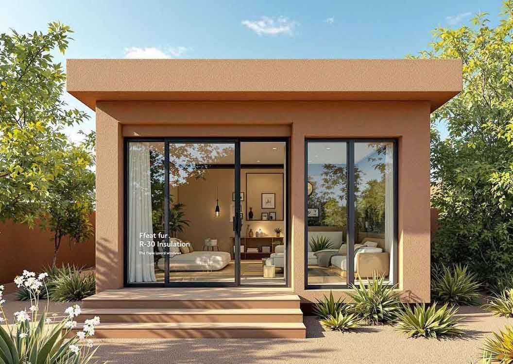 An artist 's impression of a small house with a lot of windows.