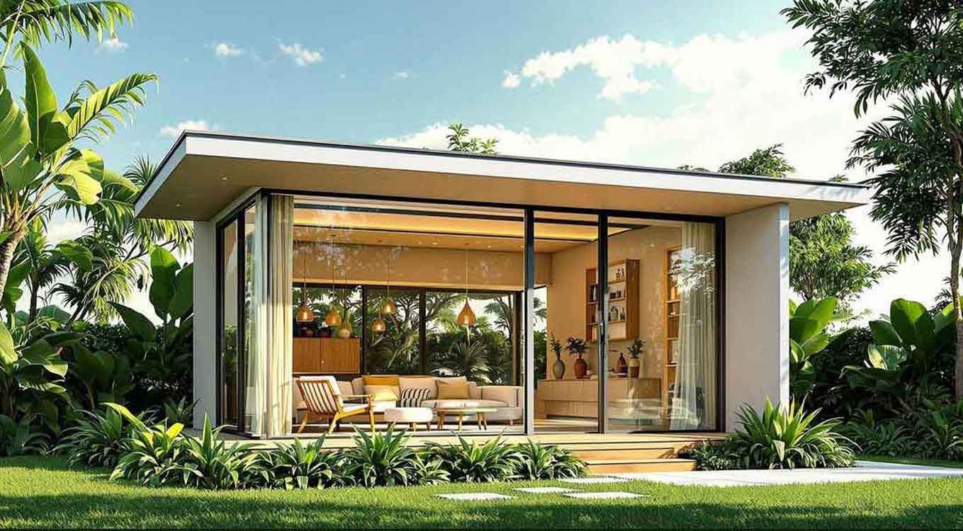 A small house with a lot of windows is surrounded by trees and grass.