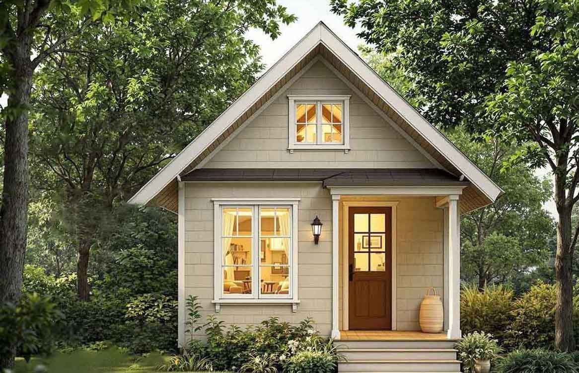A small house with a porch and a window is surrounded by trees.