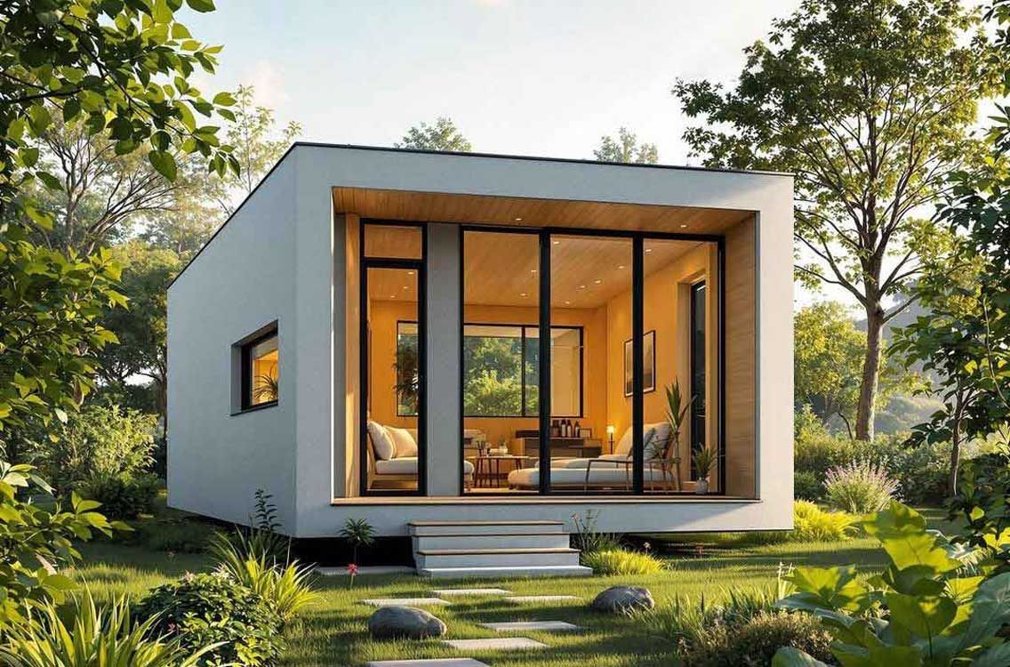 A small white house with a lot of windows is surrounded by trees.