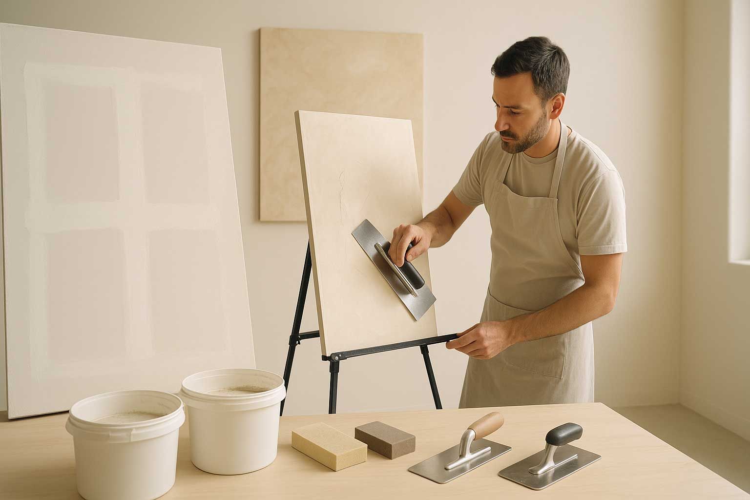 A man is plastering a wall with a trowel.