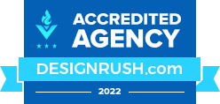 The logo for an accredited agency is blue and white with a blue ribbon.