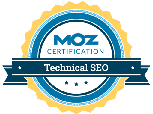 A blue and yellow moz certification technical seo badge