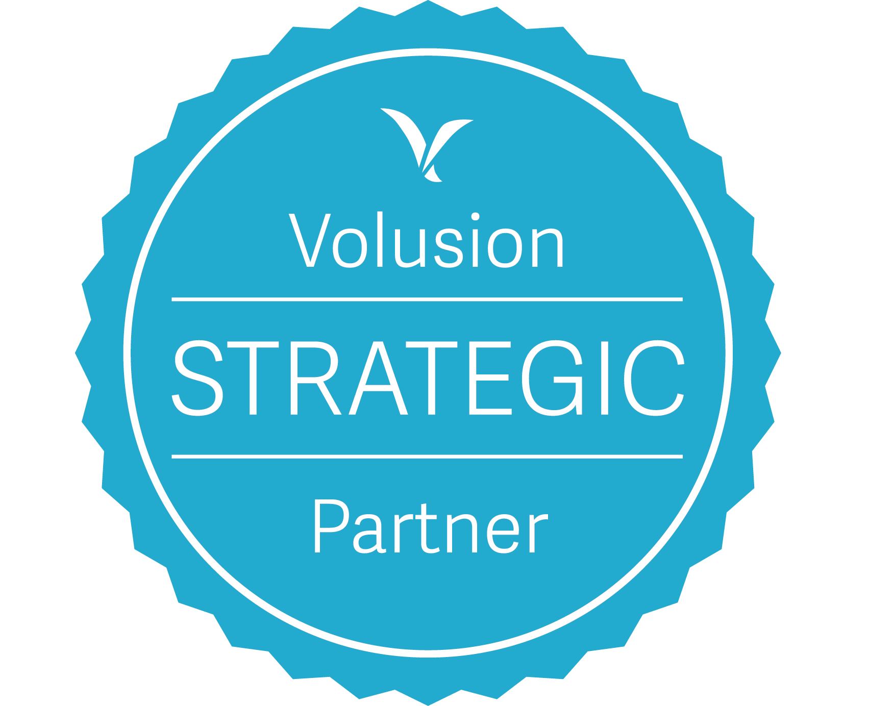 A blue circle with the words volusion strategic partner on it