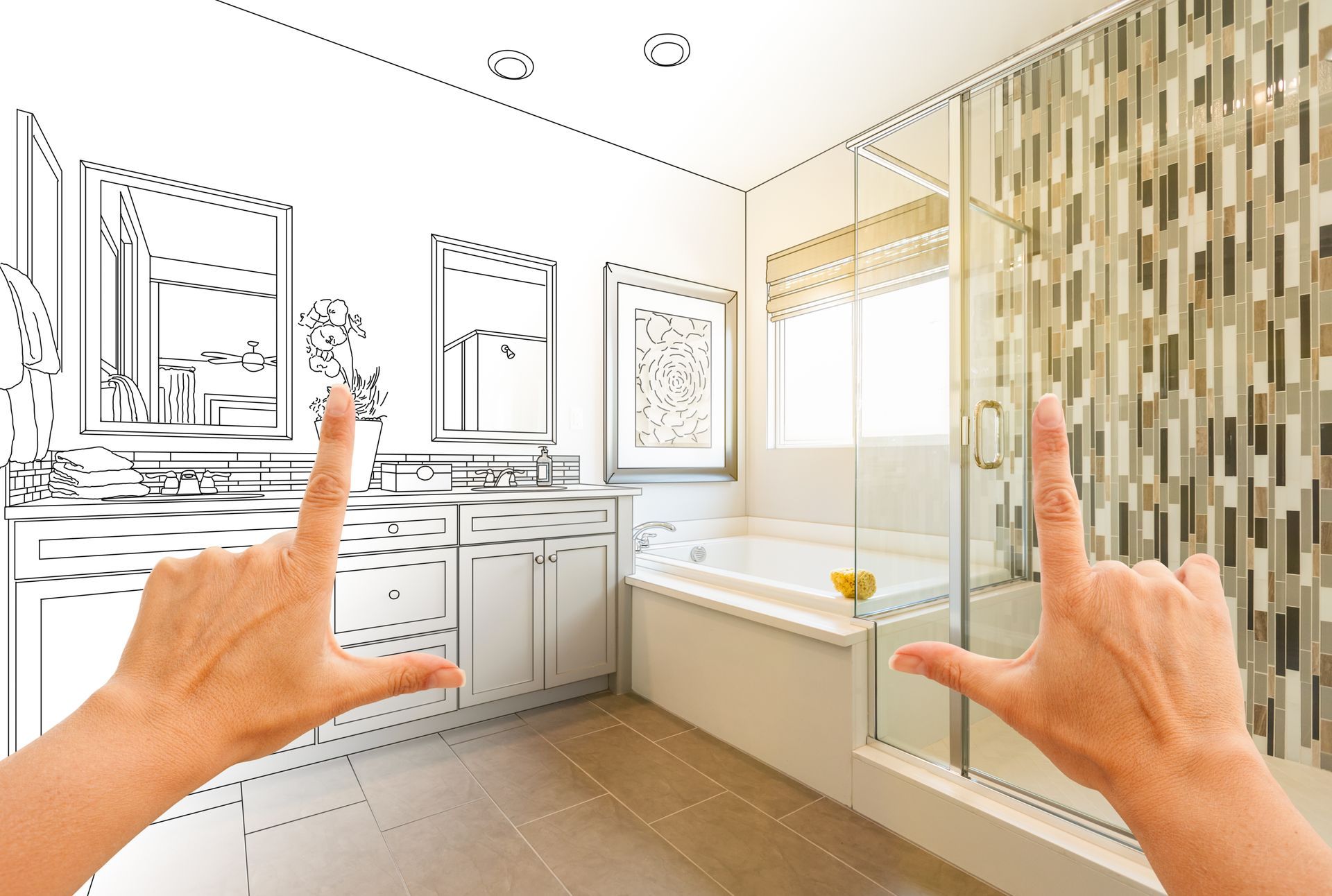 A hand making a gesture in front of a drawing of a bathroom | Custom Shower Mirrors in Cape Cod MA