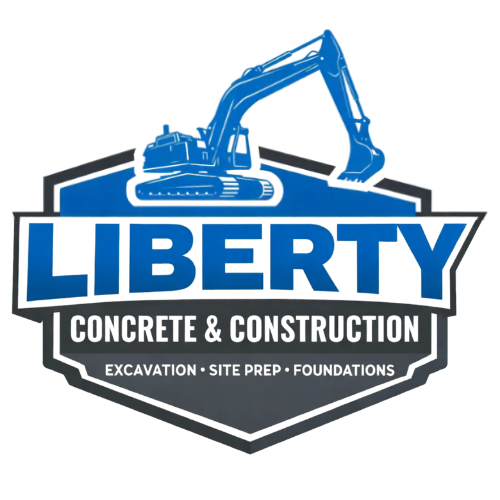 Blue and grey logo for Liberty Concrete & Construction featuring an excavator graphic above text listing services.