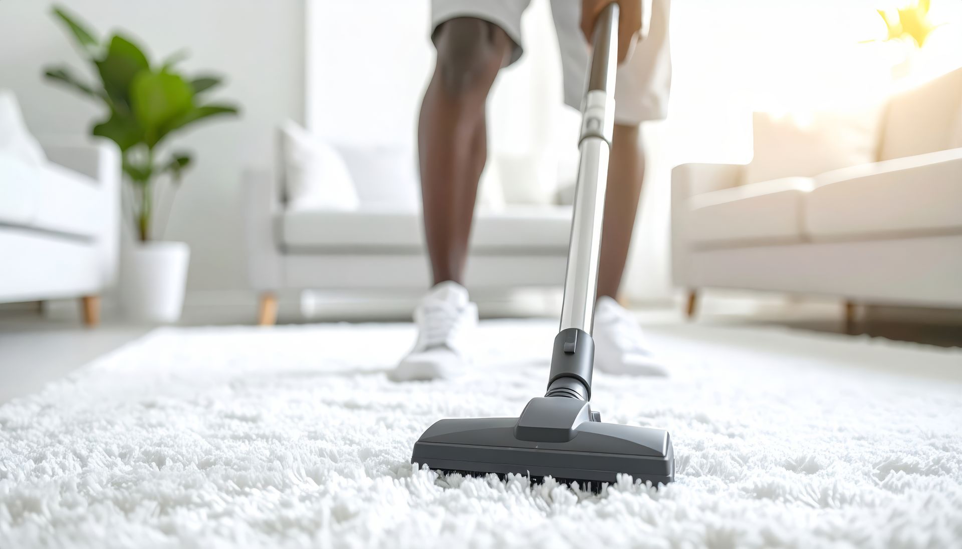 Person vacuuming a white fluffy rug in a living room with white furniture.