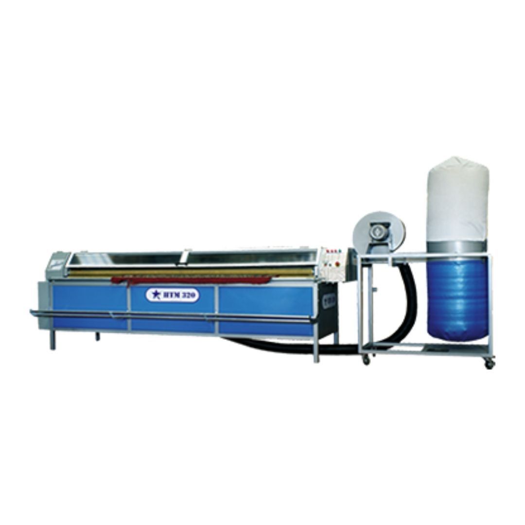 Blue industrial fabric cutting machine with dust collection system.