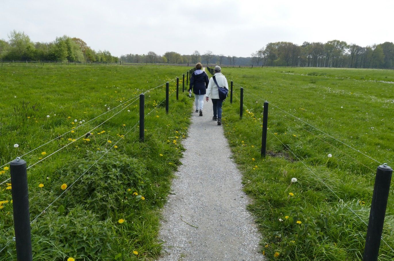 Twee mensen lopen over een grindpad door een groen veld, afgebakend door een hek. Bewolkte lucht.
