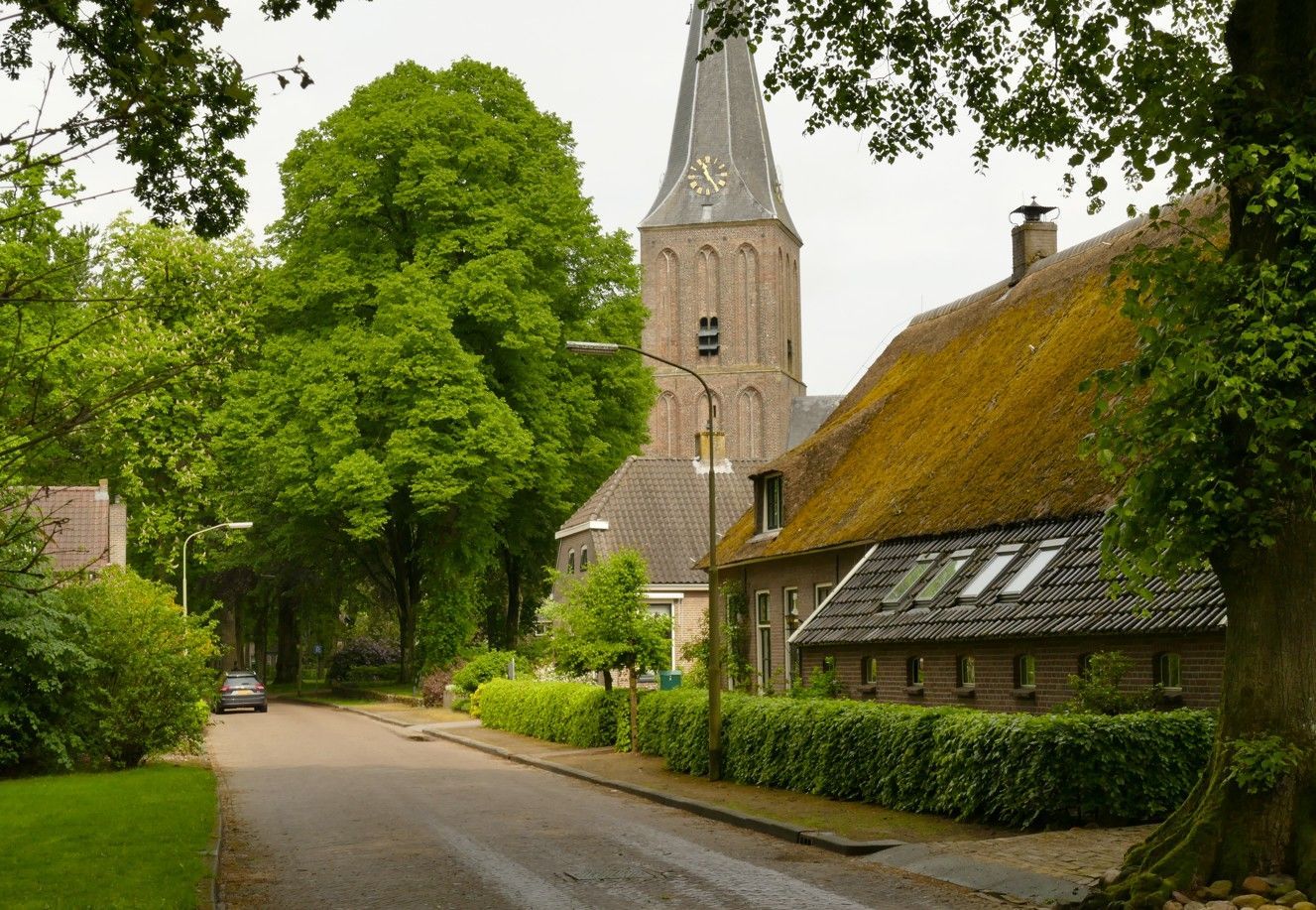 Straatbeeld met kerktoren, gebouw met rieten dak, groene bomen en een auto.