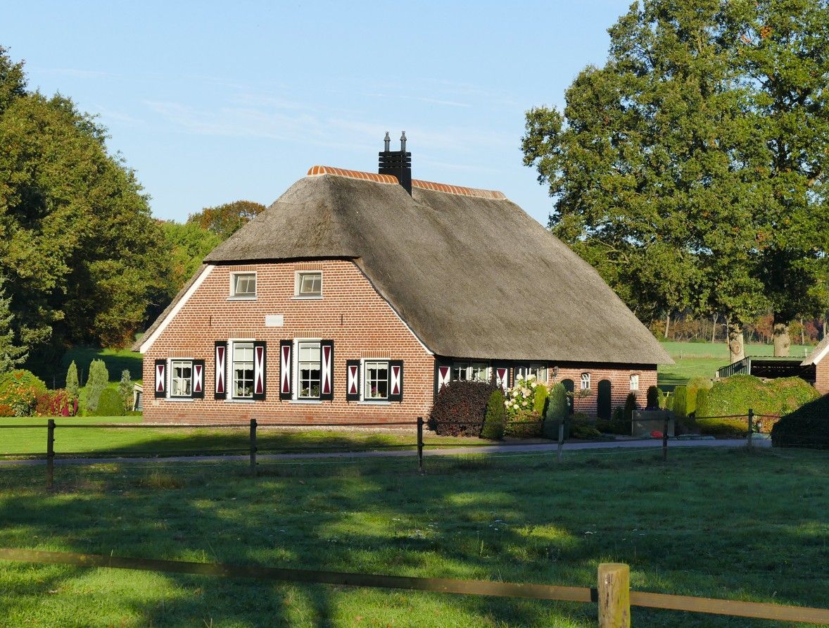 Een traditionele boerderij met een rieten dak en bakstenen muren, gelegen in een landelijk landschap met velden en bomen.