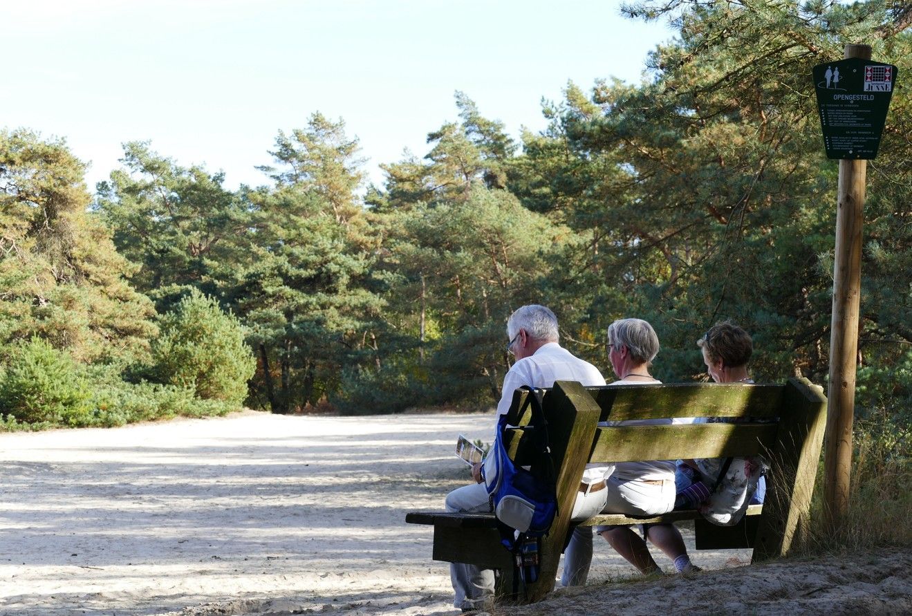 Drie mensen zitten op een houten bank en kijken uit over een zanderige open plek, omgeven door een dennenbos.