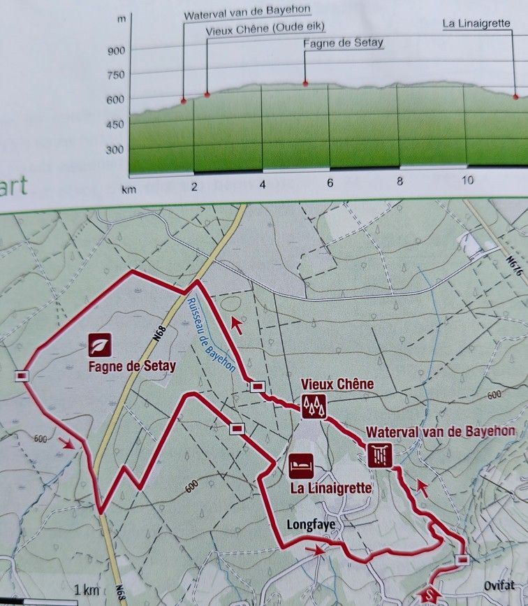 Een routekaart en hoogteprofiel voor een wandelroute in de buurt van Fagne de Setry, met bezienswaardigheden zoals Vieux Chêne en Bayehon.